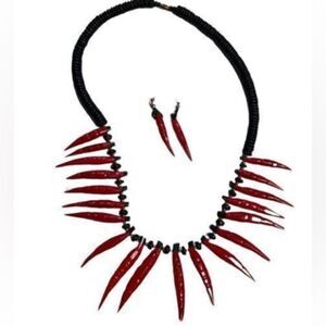 Wood Red Hot Chili Pepper Statement Necklace & Dangle Earrings Jewelry Set Vtg
